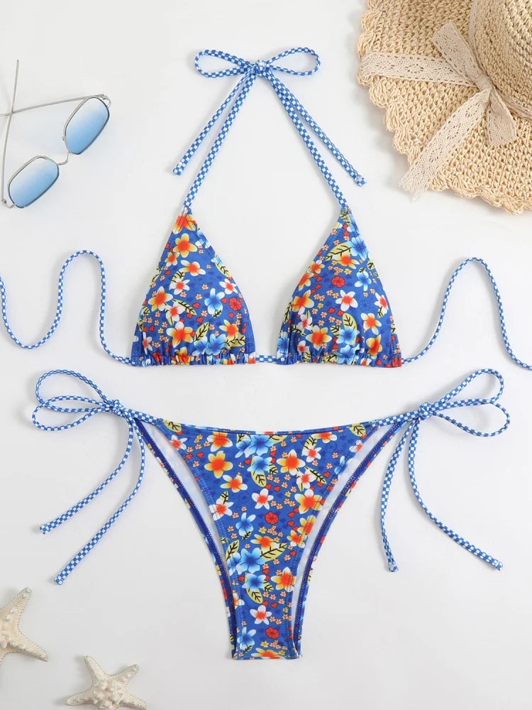 Bikini Women Swimsuit 2025 New Print Halter Bikinis Set Sexy Thong Swimwear Summer Two Piece Backless Beach Bathing Suit Female