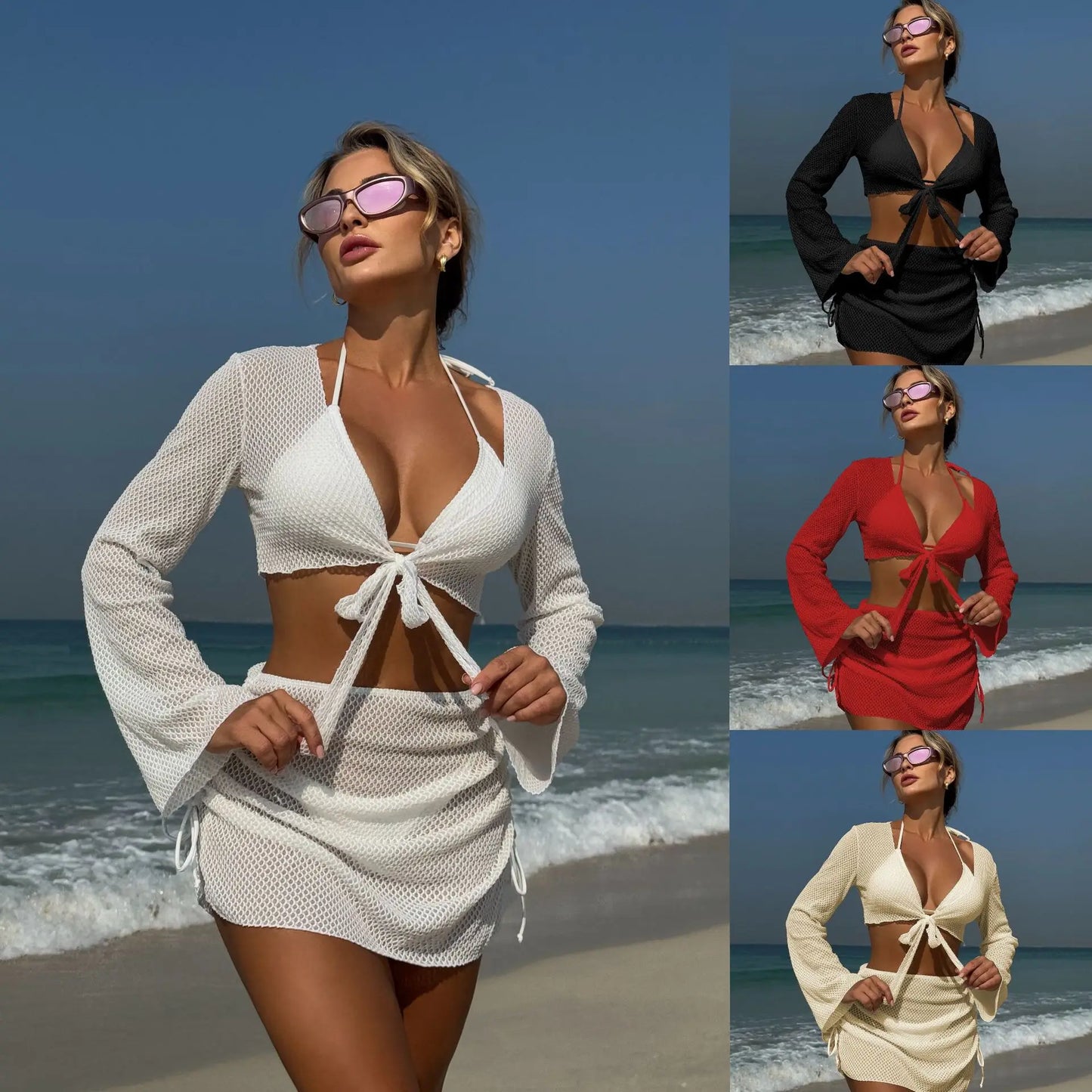Summer Holiday 4 Piece Bikini Set 2025 Women Sexy White Long Sleeve Cover Up and Skirt Swimsuit Beach Bathing Suit Pool Swimwear