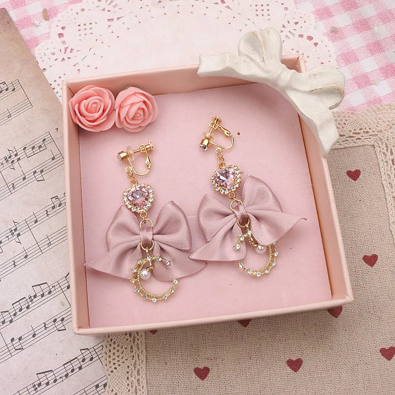 Lo Girl's Earrings Moon Rhinestone Pearl Heart Pendant Fashion Handmade Bow Jiraikei Kawaii Needle Ear Clip Earrings for Women
