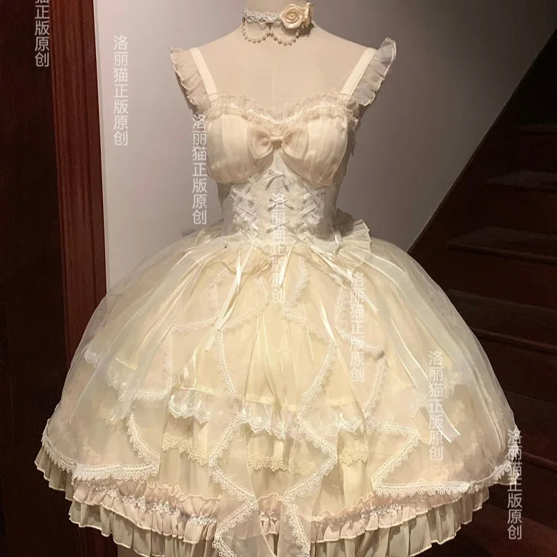 Lolita Sweet Girl Princess Dress Spring and Summer Off Shoulder Women's Short Sleeve Slim OP/JSK Short Ball Gown Dress
