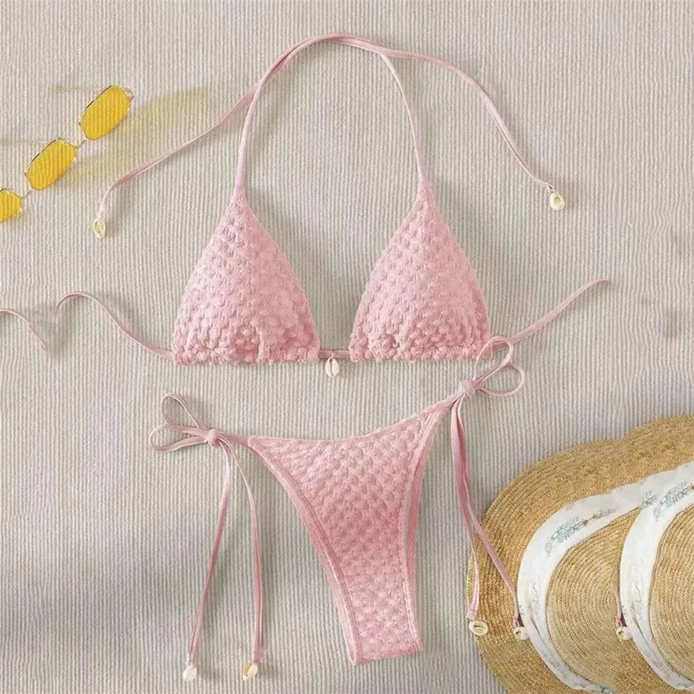 White String Micro Bikini Thong Sexy Swimsuit Women 2025 Shell Decorate Swimwear Bathing Suit Halter Triangle Bikinis Sets Mujer