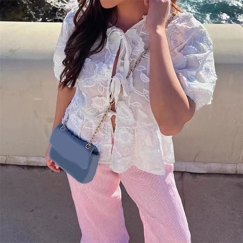 Lamuusaa Babydoll Tops Women y2k Clothes Floral Embroidery Round Neck Puff Short Sleeve Shirts Elegant White Blouses Streetwear