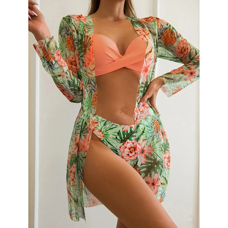 Floral Low Waist Bikini Set Cover Up Swimsuit For Women Push Up Long Sleeve Three Pieces Swimwear Beach Bathing Suits