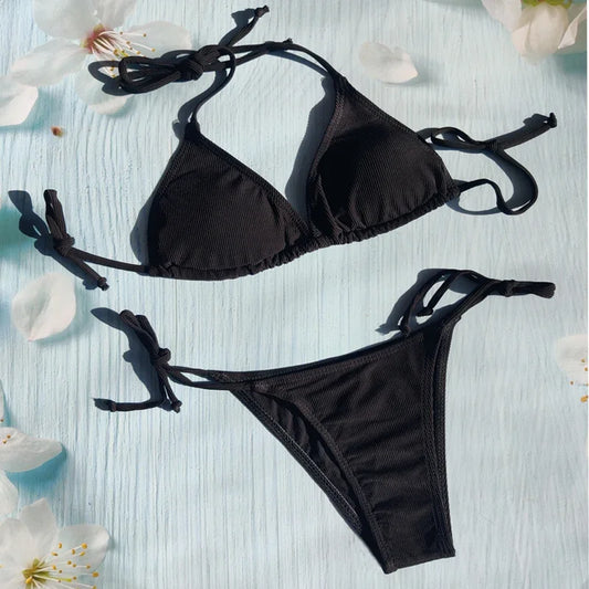 Sexy Bikini  Lace Up Swimsuit Solid Color Swimsuit Women's Brazil 2023 Fashion Swimsuit