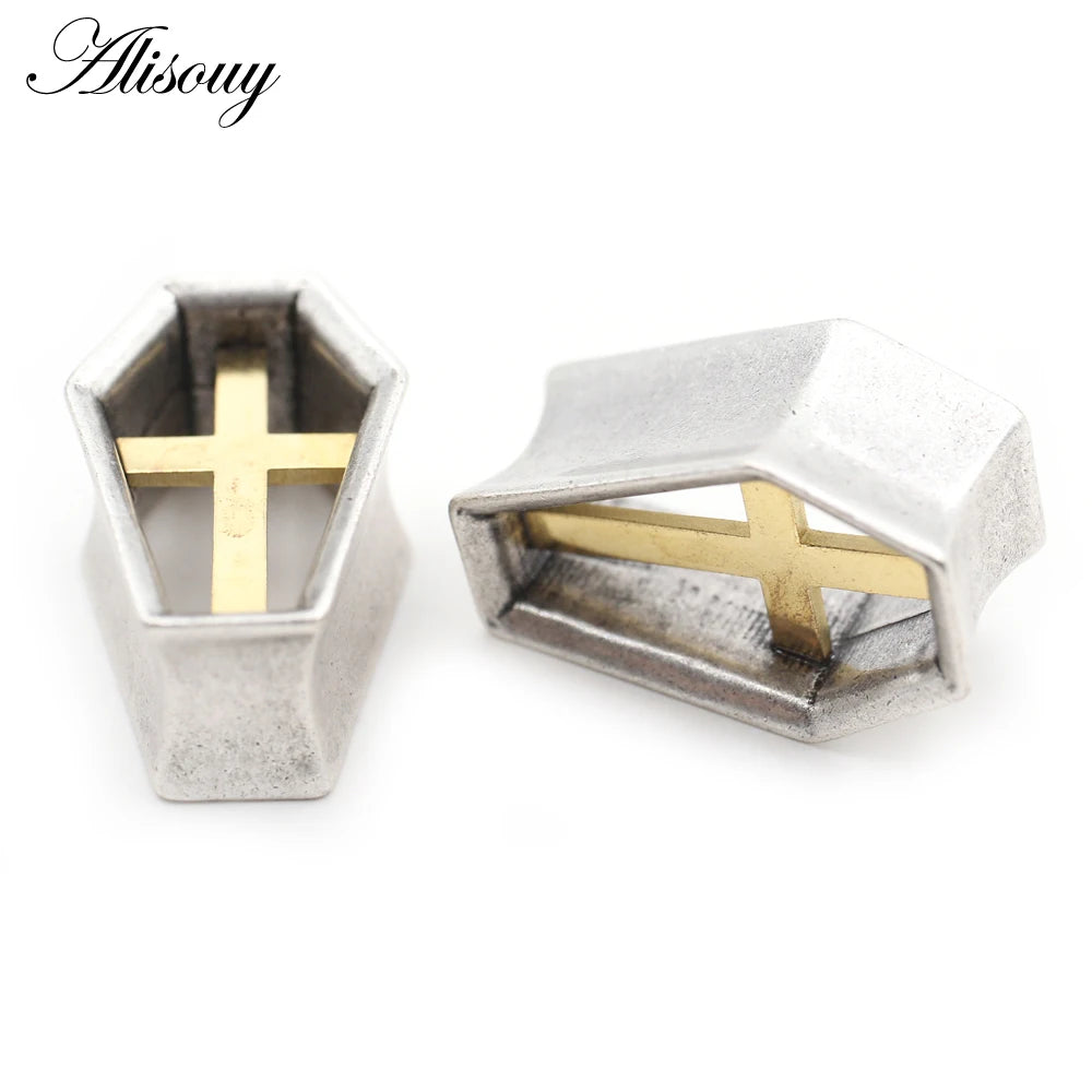 Alisouy 1PC Punk Alloy Casting Coffin Hexagon Cross Ear Tunnels Plugs Expander Stretcher Gauges Earrings Piercing Body Jewelry