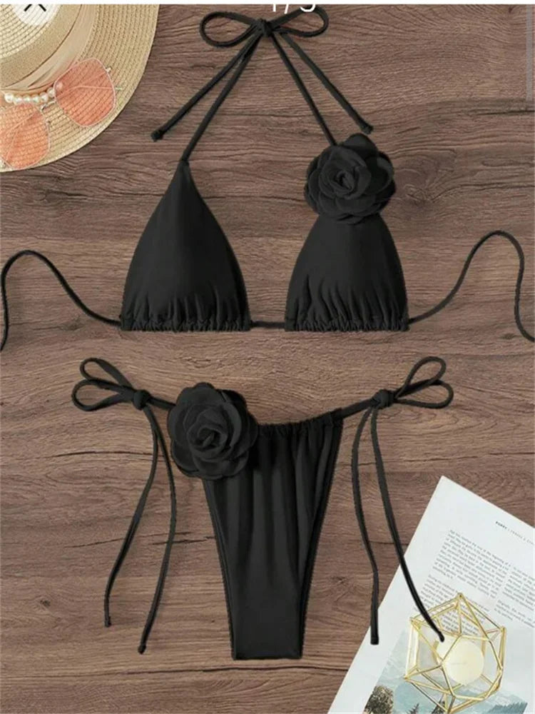 Sexy Bikini Set Women Swimsuit 2024 Black White 3D Floral Print Micro Bikinis Brazilian Cutout Beach Bathing Suit Thong Swimwear