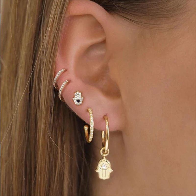 LENNIK 925 Silver Vintage Cute Fatima Hand Small Hoop Earrings For Women Chic Trendy Eye Palm Pendant Mini Stud Earrings Jewelry