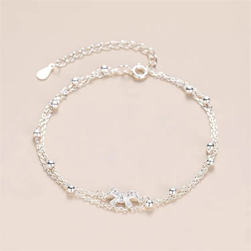 Titanium Steel Silver Color Geometric Bracelet For Women Girl Fashion Holiday Gift Double-deck Bow Wrist Chain Jewelry Pulsera