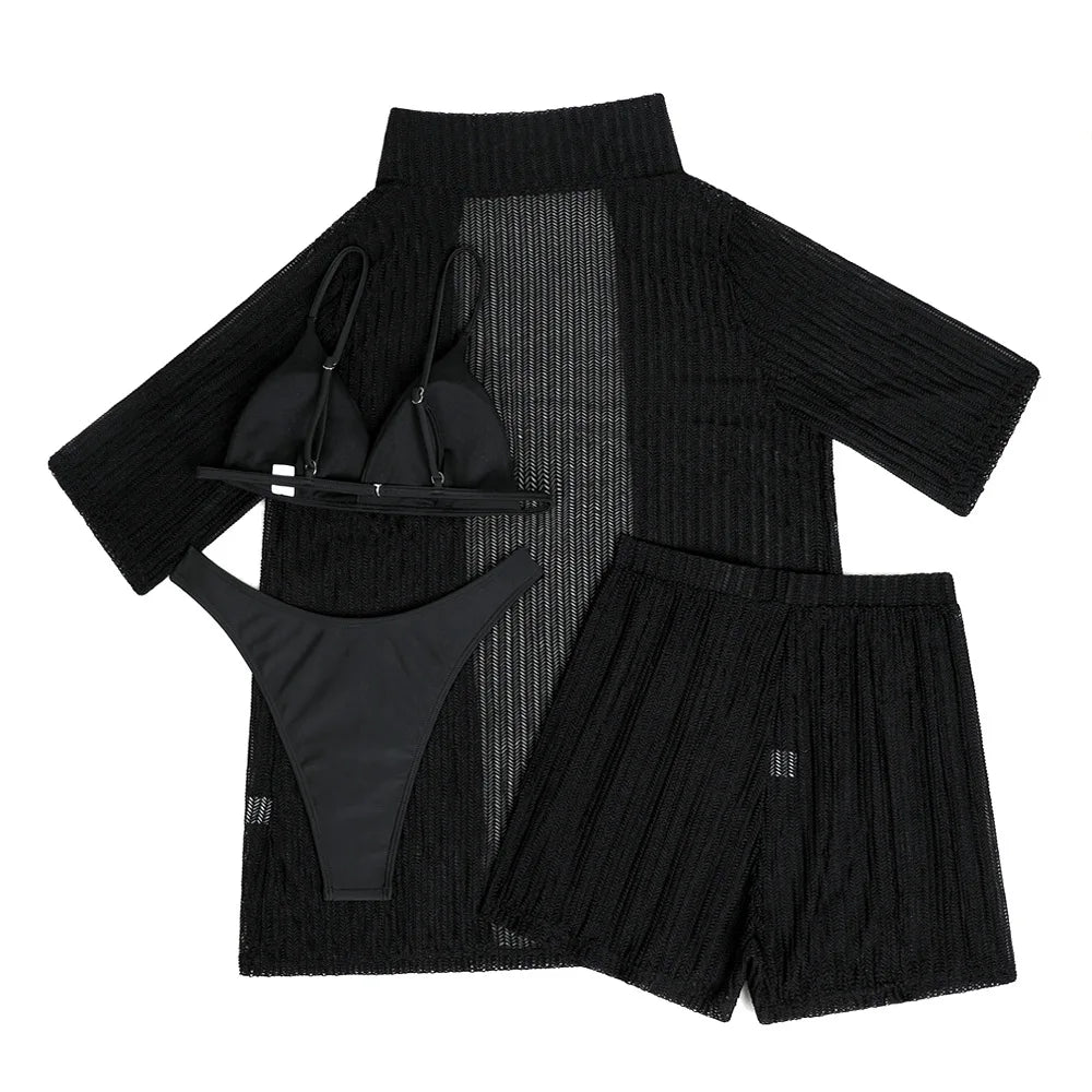 Summer 4 Piece Bikinis Sets Women Black White Mesh Half Sleeve Cover Up with High Waist Panties Swimsuit Bathing Suit Swimwear