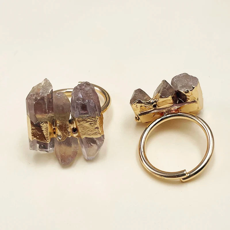 Healing Crystal Open Ring for Women Girls Gold Color Irregular White Quartz Finger Jewelry Resizable Small Size