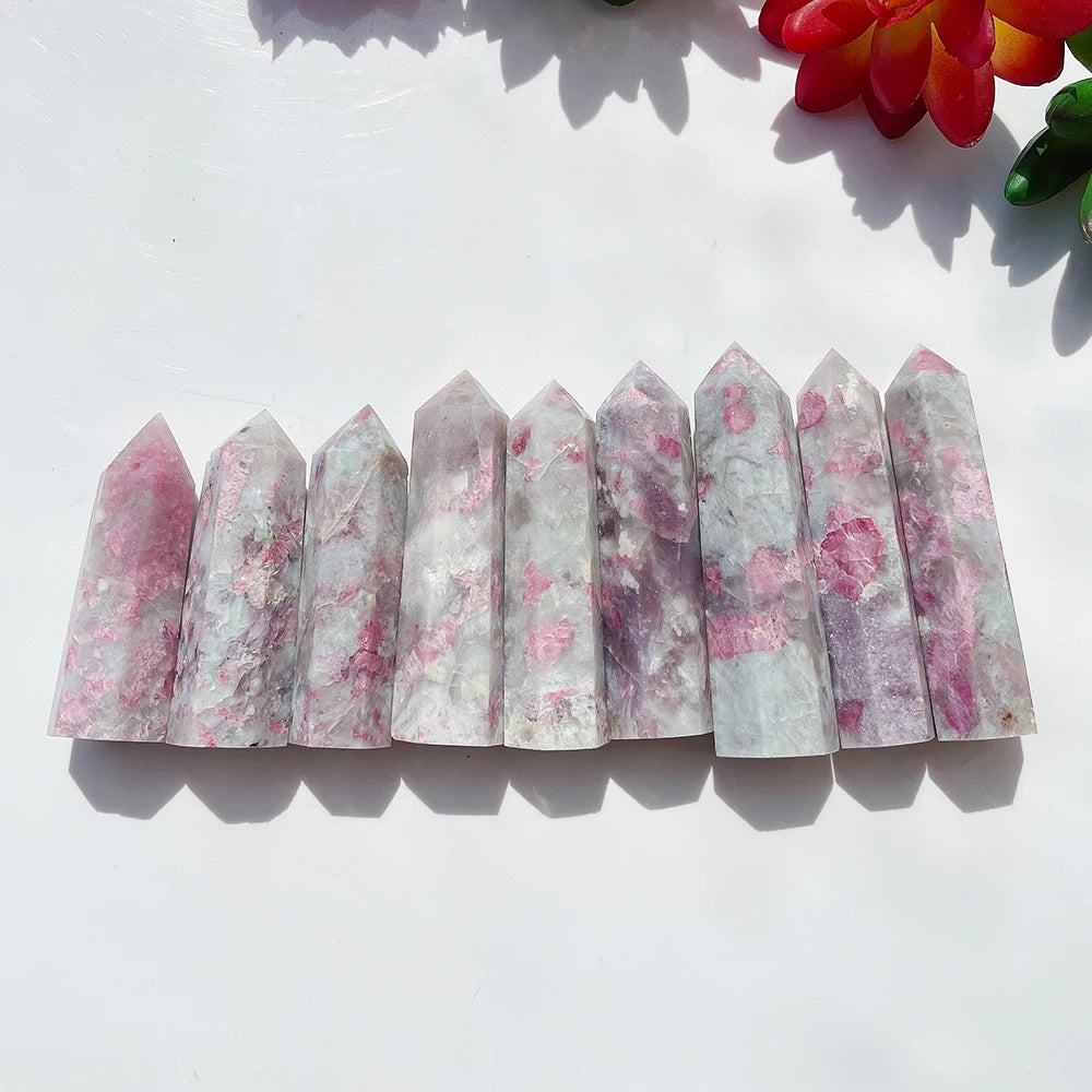 Beautiful Natural Quartz Tower Healing Plum Blossom Tourmaline Crystal Point Faceted Prism Wand Energy Ore Mineral Home Decor