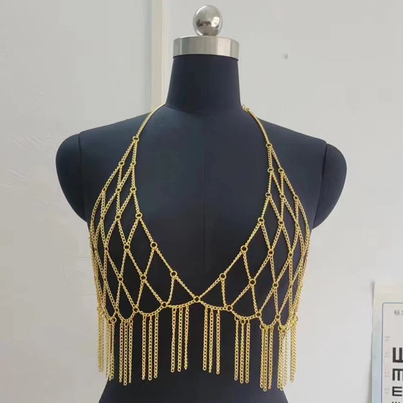 Shiny Body Chain Tank Top for Women Metallic Shining Detail Fringe Trim Halter Harness Bra Chain Festival Party Outfits Tops