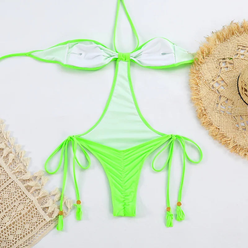 String Swimwear Women Sexy Halter One Pieces Swimsuit Lace-Up Push Up Bathing Suits 2023 Solid Bikinis Sets Beachwear Monokinis