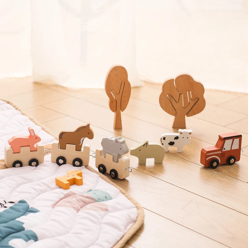 Children Montessori Wooden Toys Dinosaur Car Animal Park Barn Toy Wooden Stacking Game Kid Educational Toy Christmas Gift