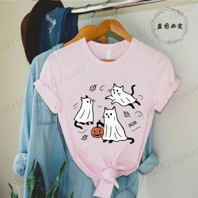New Fashion Ghost Cat T-Shirt Tops Womens Vintage T-Shirt Funny Spooky Halloween Classic T-Shirt Tops Women's Tees Streetwear