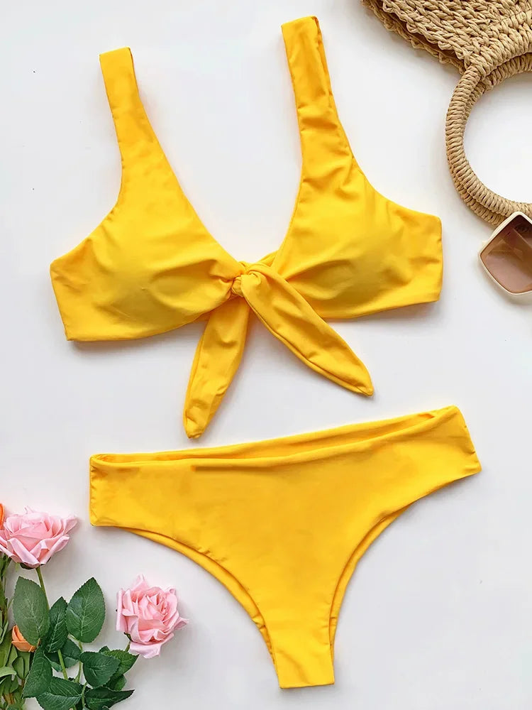 Sexy Front Knotted Bikinis Female Swimsuit High Waist Bikini Women Swimwear Two-pieces Bikini Set Bather Bathing Suit Swim Lady