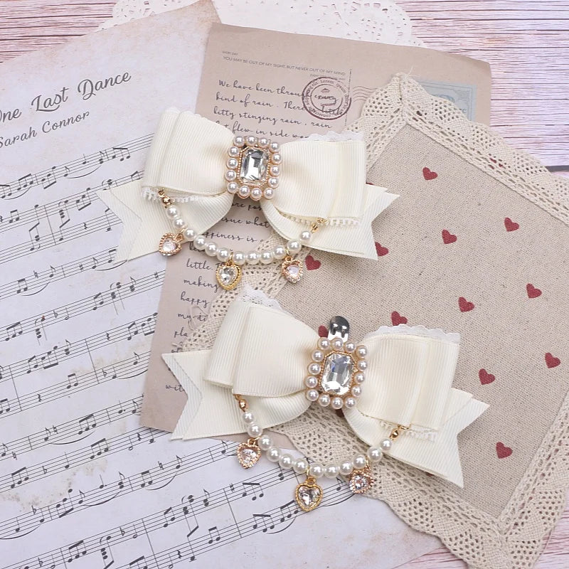 Jirai Kei Style Mine Lace Splicing Bow Shoes Accessories Lolita Beaded Heart Rhinestone Bow Shoe Clip Mary Janes Buckle