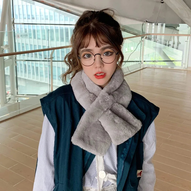 FAITOLAGI Korean Winter Faux Rabbit Fur Women Scarf Soft Plush Snood Scarves Solid Color Neck Collar Warmer Stuff Christmas Gift