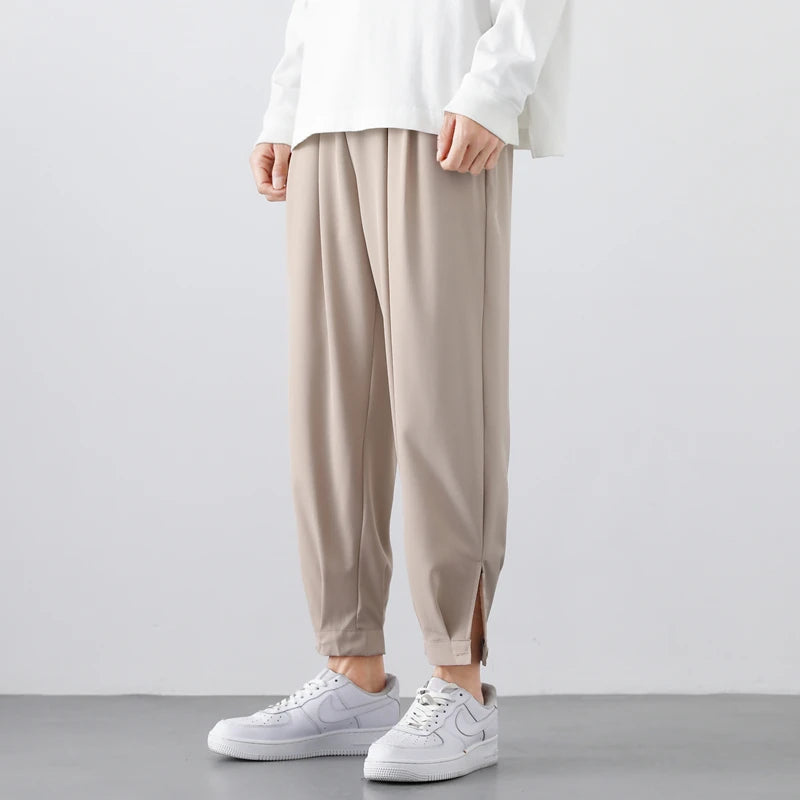 M-5XL Summer New Men's Pants Solid Color Legged Pants Casual Shorts Thin Ice Silk Cool Dry Nine Cent Pants