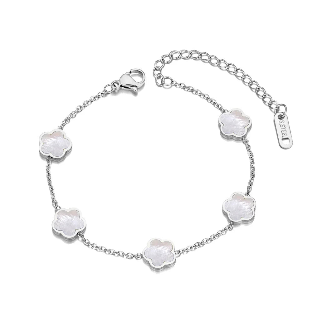 JeeMango Fashion Stainless Steel White Black Green Shell Flower Charm Bracelets For Women Real Gold Plated Chain Jewelry JB23071