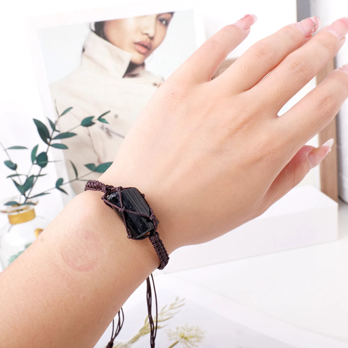 1PC Natural Crystal Black Tourmaline Post Bracelet Adjustable Men Women Wearing Decorative Healing Gift