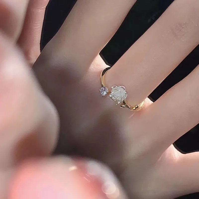 Vintage Rose Flower Rings For Women Korean Style Adjustable  Sakura Princess Finger Ring Bride Wedding Engagement Party Jewelry