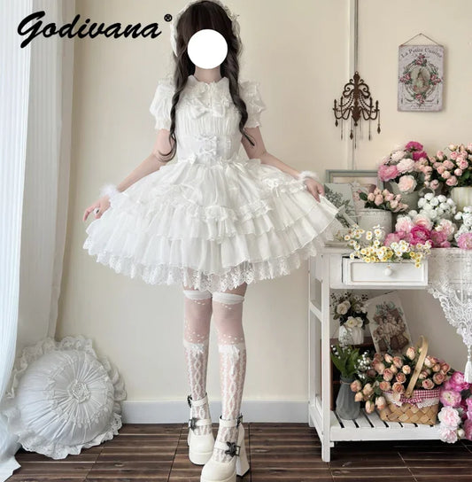 Original Design New Summer Lolita Dress Women's Sweet Flower Wedding Lace Bowknot JSK Sling Dress Black and White Princess Dress