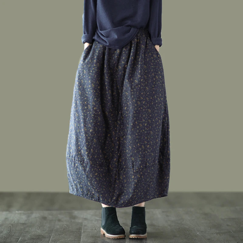Careaymade New Autumn Winter Print Cotton Skirt Women Elastic Waist Thick Warm Long Skirts Female Loose Vintage Skirts