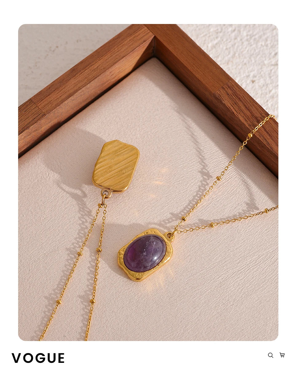 Yhpup Natural Stone Square Pendant Stainless Steel Necklace Amethyst Green Aventurine Charm Fashion Collar Jewelry  Women