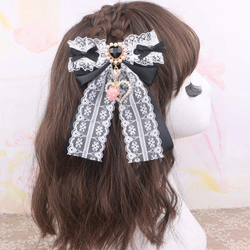 Lolita Style Hairclips Y2K Girl Handmade Bow Lace Ribbon Bowknot Hair Clip with Strawberry Heart Accessories Pendant