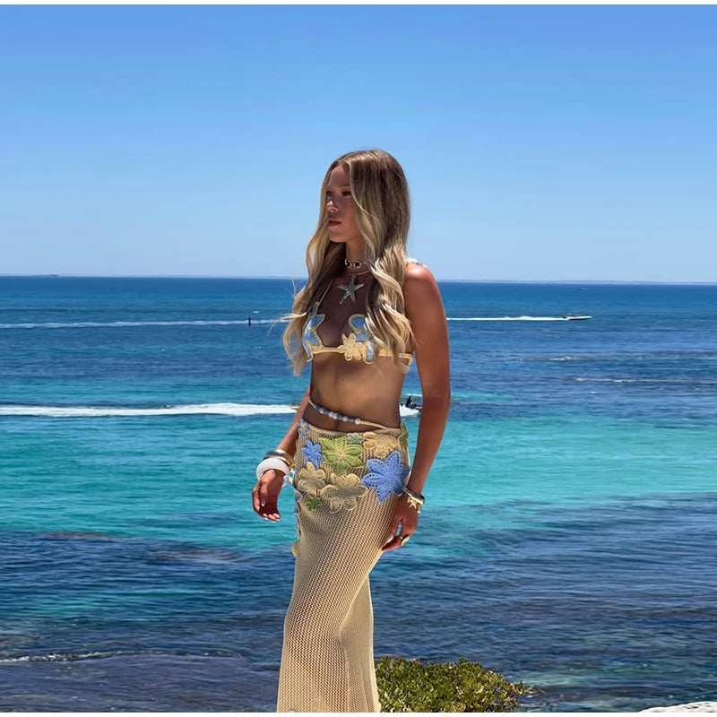 Sexy Beach Women's Set Beading Flower Crochet Crop Top Slim Maxi Skirt Female Suit 2025 Summer Hollow Out Knit Lady Dress Sets
