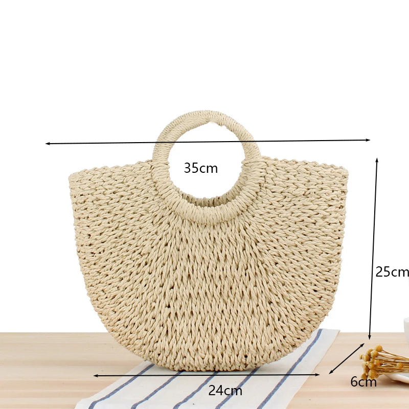 Summer Handmade Bags for Women Beach Weaving Ladies Straw Bag Wrapped Beach Bag Moon shaped Top Handle Handbags Totes