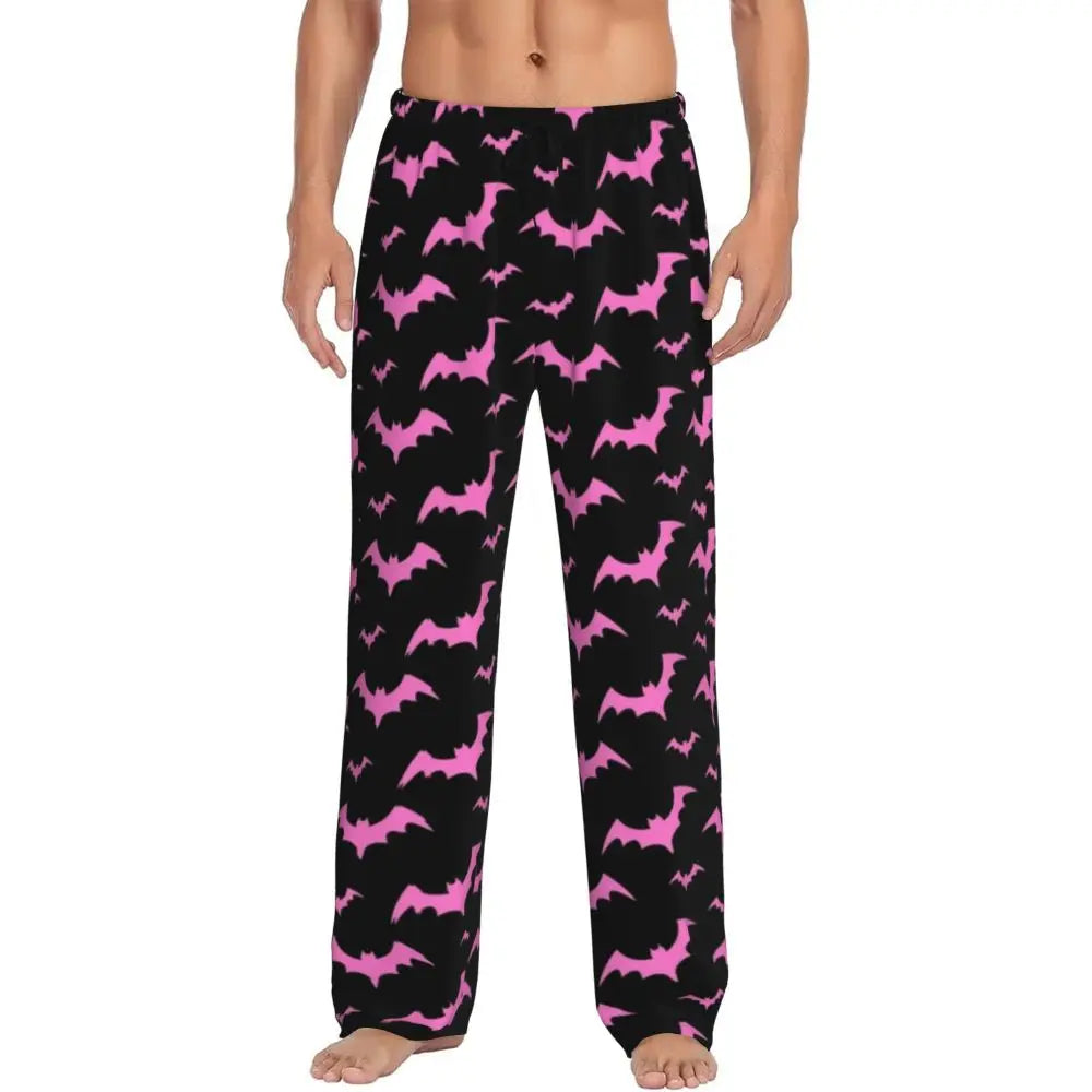 Custom Cute Spooky Halloween Bats Black And Purple Pajama Pants for Men Lounge Sleep Drawstring Sleepwear Bottoms with Pockets