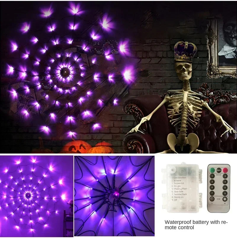 Halloween Window Decorations Purple Spider Web String Lights with 70 LEDs Battery Powered Remote Control 8 Modes for Party Decor