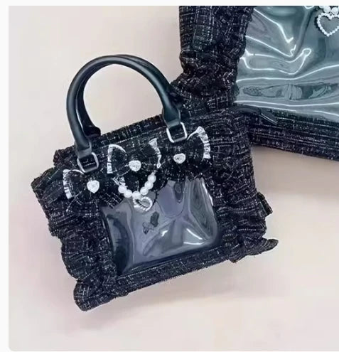 Japanese Style Mine Ita Bag Ruffled Lace Women Girls Rhienstone Pearl Bowknot Square Tote Shoulder Portable Bolso Handbags