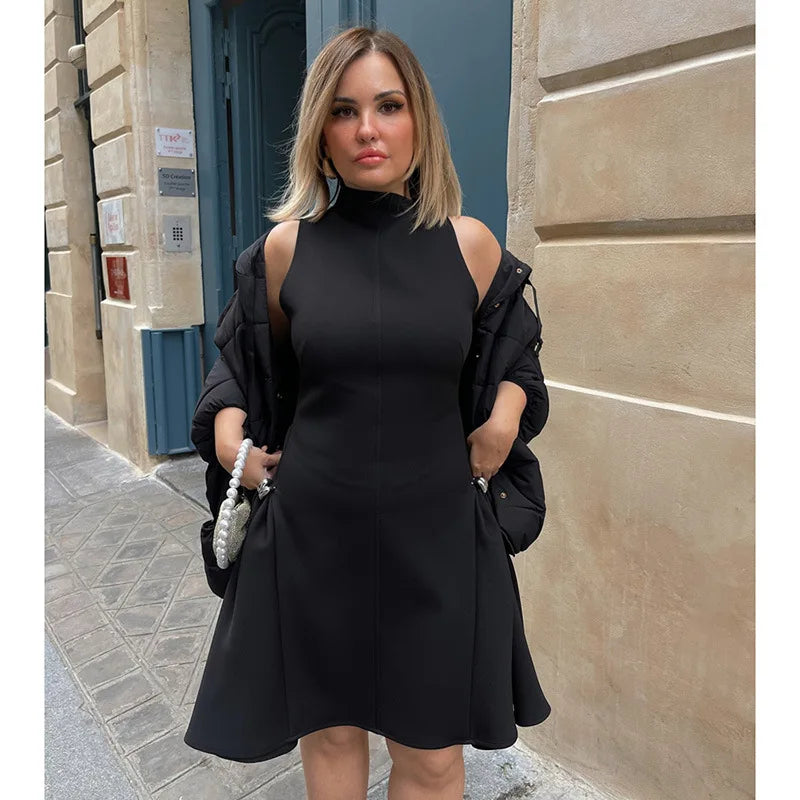 Vintage Brown Long Dress Women's Elegant Loose Diagonal Neck Black Metal Buckle Maxi Dresses Female 2025 Summer Evening Party