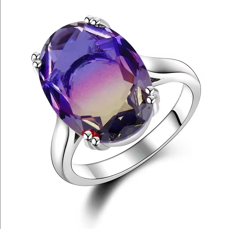 S925 Silver Fashion Large Oval AAAAA Zircon Rainbow Gemstone 13*18mm Multicolor Tourmaline For Woman Wedding Ring Bridal Jewelry