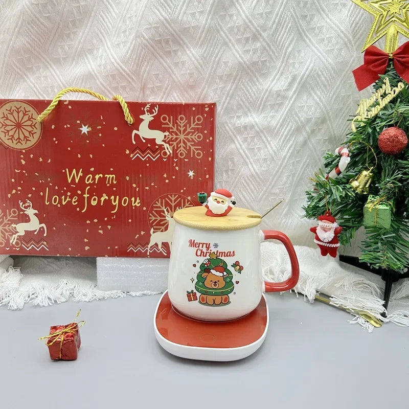 2025 Christmas Gift Set: Warm 55℃ Ceramic Mug with Lid featuring Santa Claus for Office or Home Use
