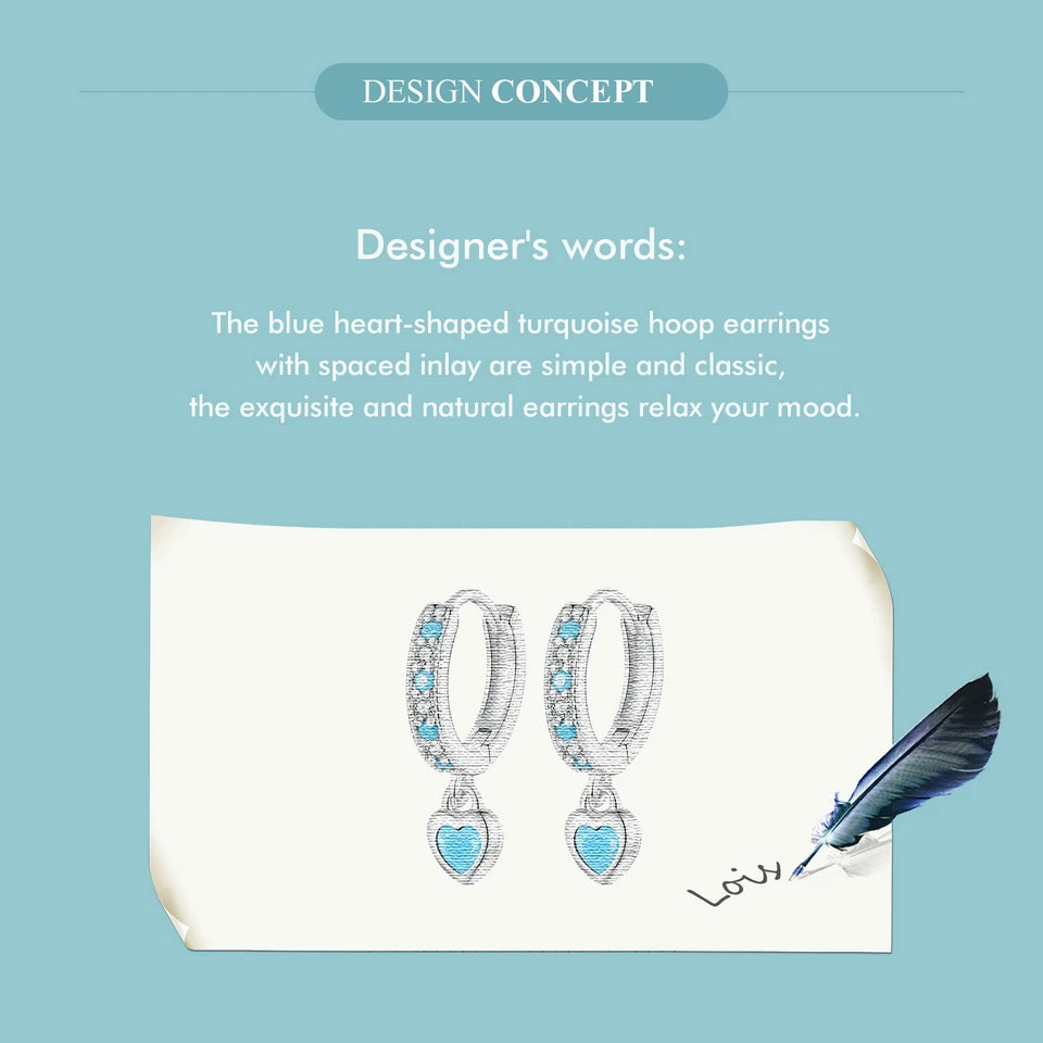 WOSTU 925 Sterling Silver Blue Heart-shaped Turquoise Hoop Earrings For Women Shiny CZ Drop Dangle Earrings Pendientes Jewelry