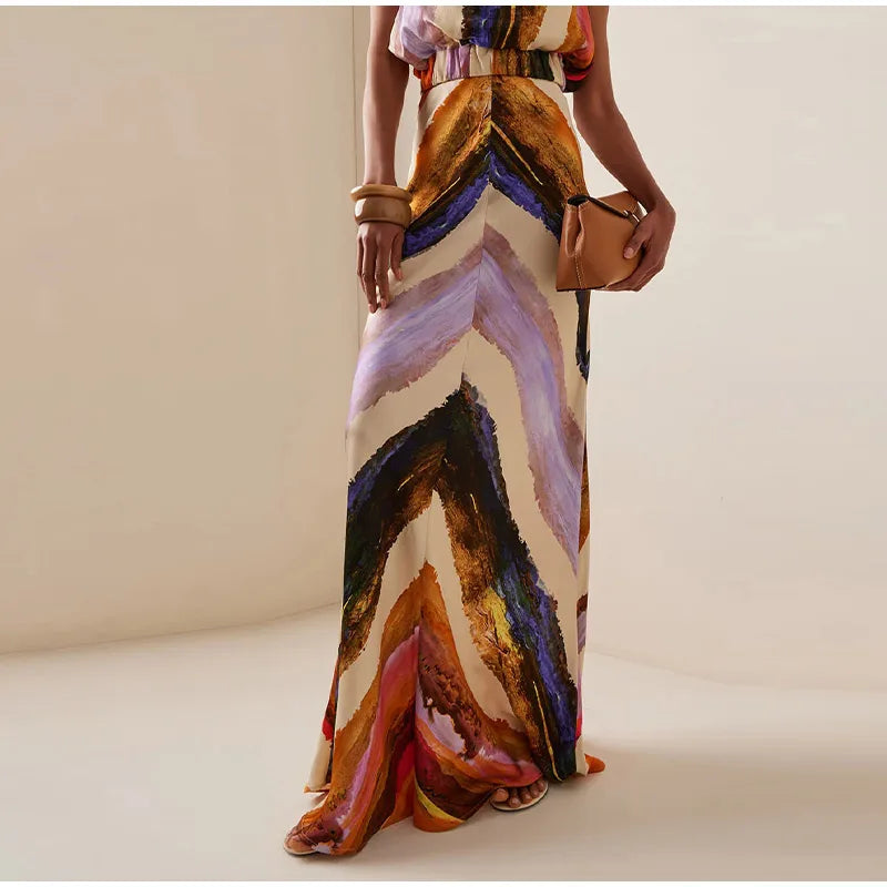 Painterly Print Satin Co-ord Set Sleeveless High Neck Crop Top Slim Fit Maxi Skirt Women's Elegant Chic Party Evening Outfit