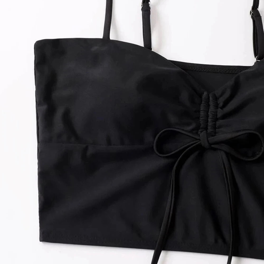 Black Drawstring Swimwear Bikinis Sets Mujer 2025 Crop Top Shorts Bottom Swimsuit Women Sexy Bathing Suit Beachwear Bikini Swim