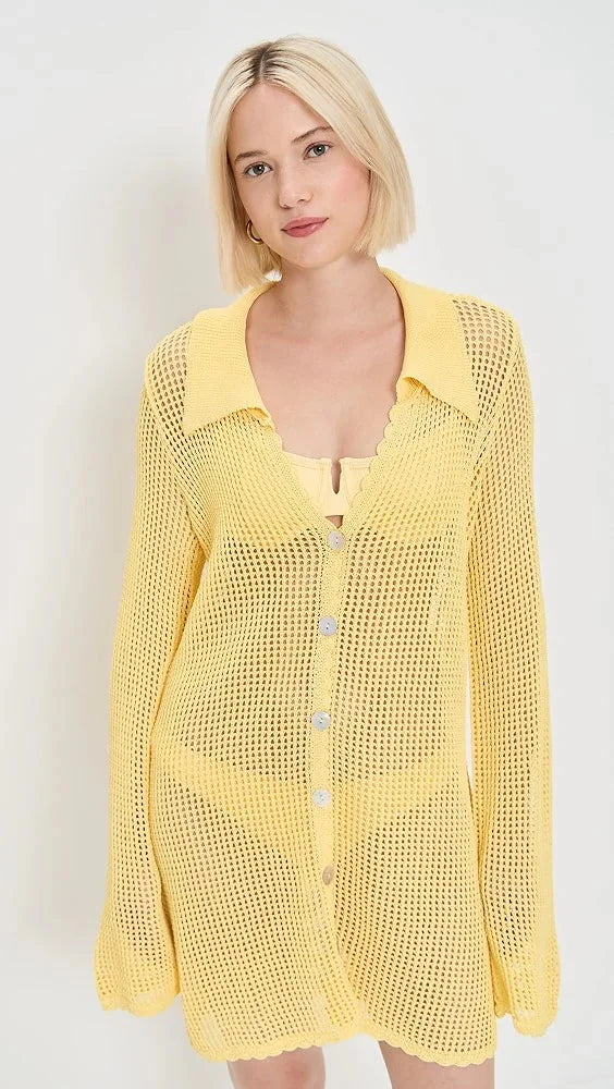 2025 Summer Women's Loose V Neck Button Coverup Cardigan Sexy Knit Mesh Beach Dress Swimsuit Cover Up Casual Vacation Wear K187