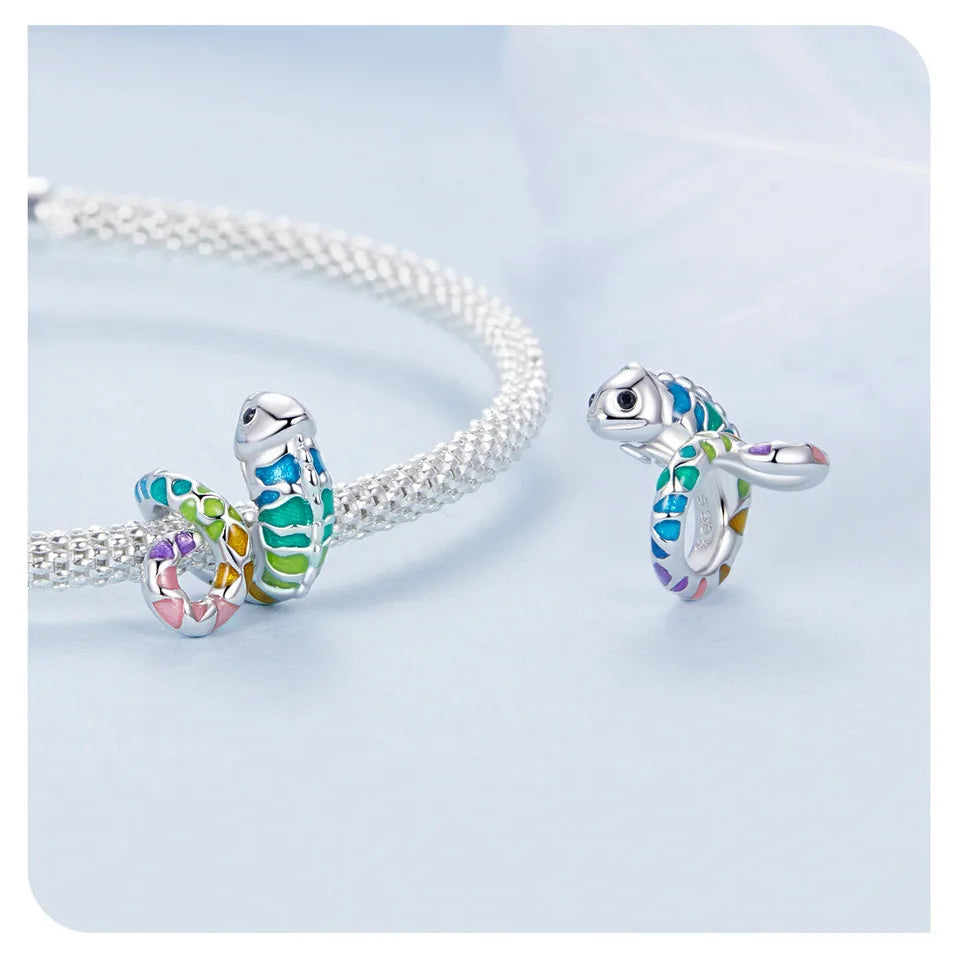 WOSTU Real 925 Sterling Silver Rainbow Color Chameleon Charms Animal Bead Fit Original Bracelet DIY Necklace Jewelry Making Gift