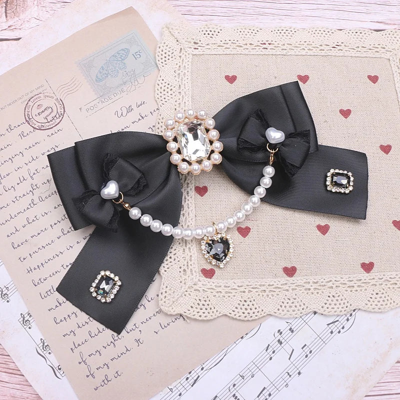Beaded Ribbon Neck Tie Lolita Girl Bow Tie Women's Big Bow Larme Kei Heart Pearl for Collared Shirt Jfashion Brooch Accessories