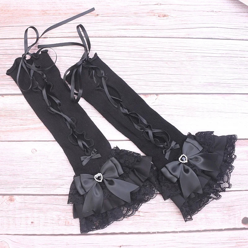 Handmade Sweet Women's Lolita Mine Lace Bow Rhinestone Oversleeves Girls Japanese Style Lace Sleeves Mittens