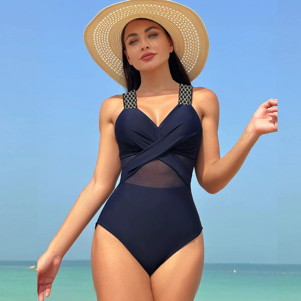 Sexy One Piece Swimsuit Women's Pure Color Mesh Bikini Swimsuit Summer New