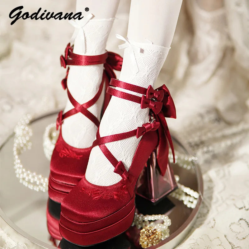 Original Lolita High Heels Elegant Ladies Camellia Embroidery Sweet Bow Satin Mary Jane Shoes Cos Shoes Women's Chunky Heels