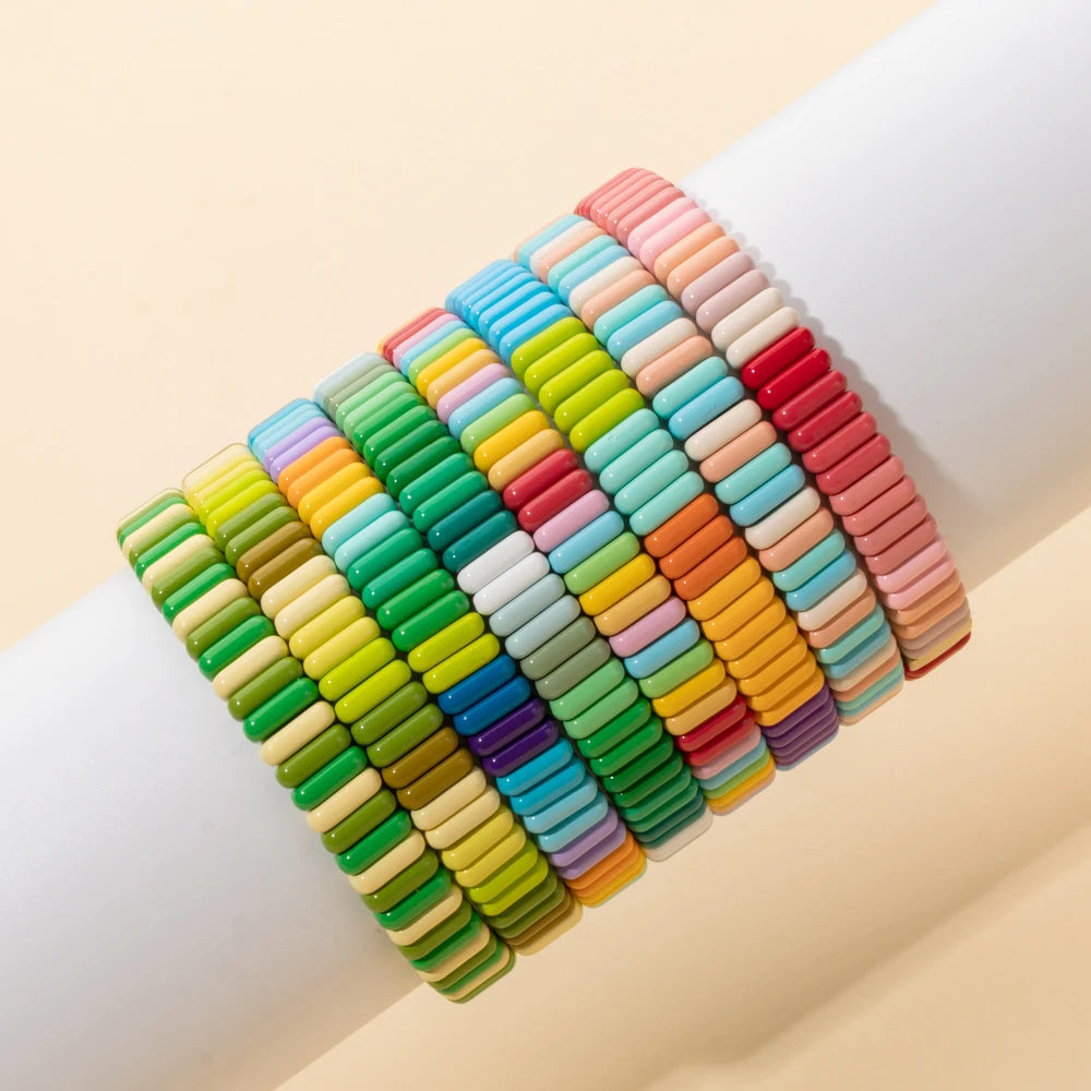 2024 New Design Elatic Rainbow Bracelets For Women 2X8MM Rectangle Beads Bracelets Bohemian Metal Bangle Colorful Jewelry