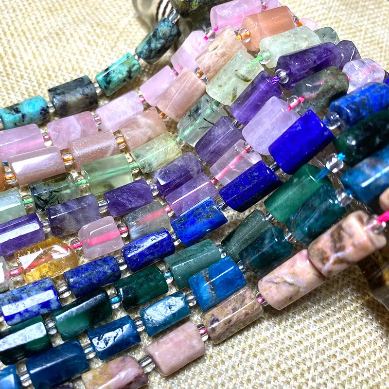 Natural Tourmaline Apatite Emerald Agates Amethysts Jades Cylinder Stone Spacer Beads for Jewelry Making DIY Bracelet 7.5inch