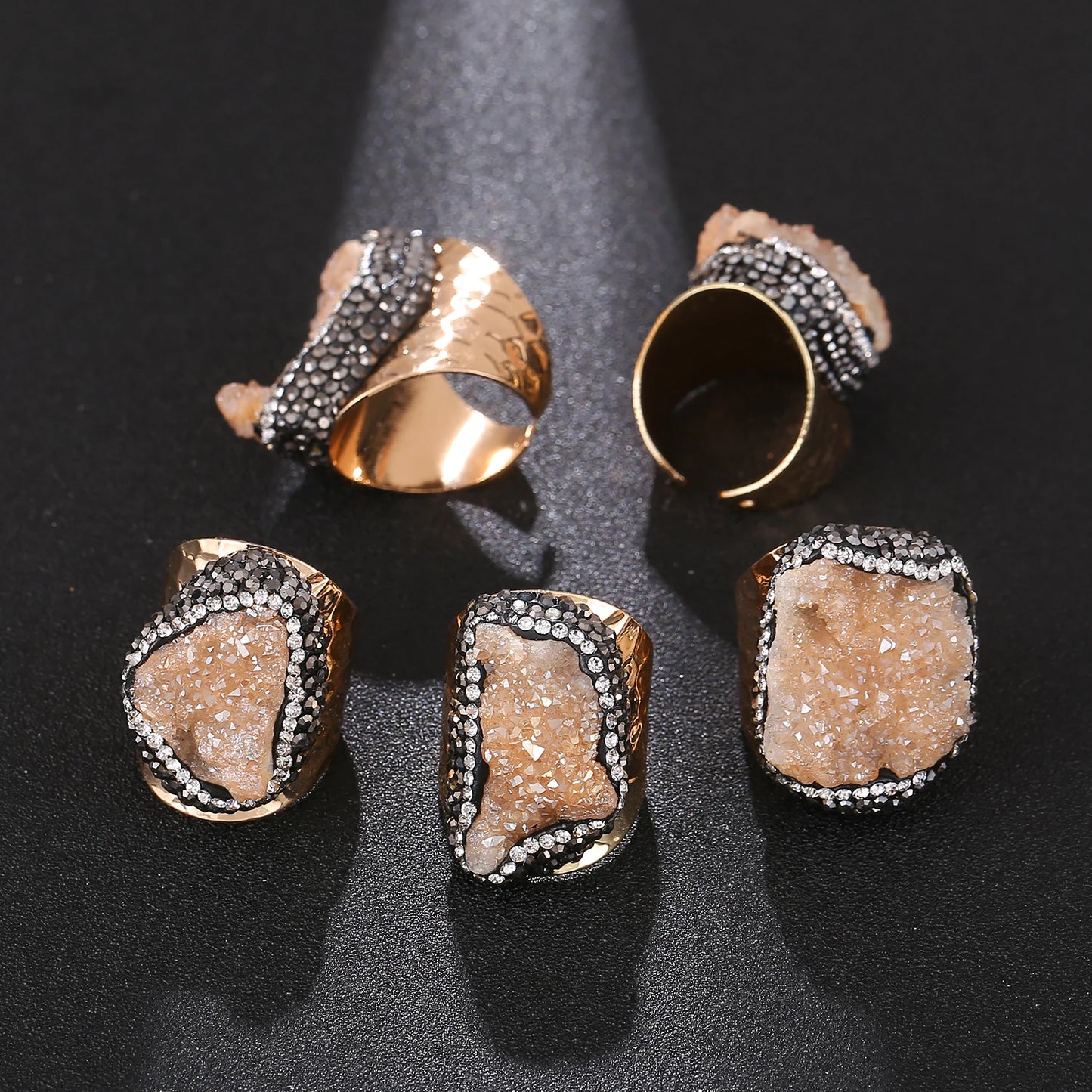 Irregular Micro Inlay Druzy Quartz Stone Open Ring for Women Gold Plated Boho Finger Jewelry Resizable